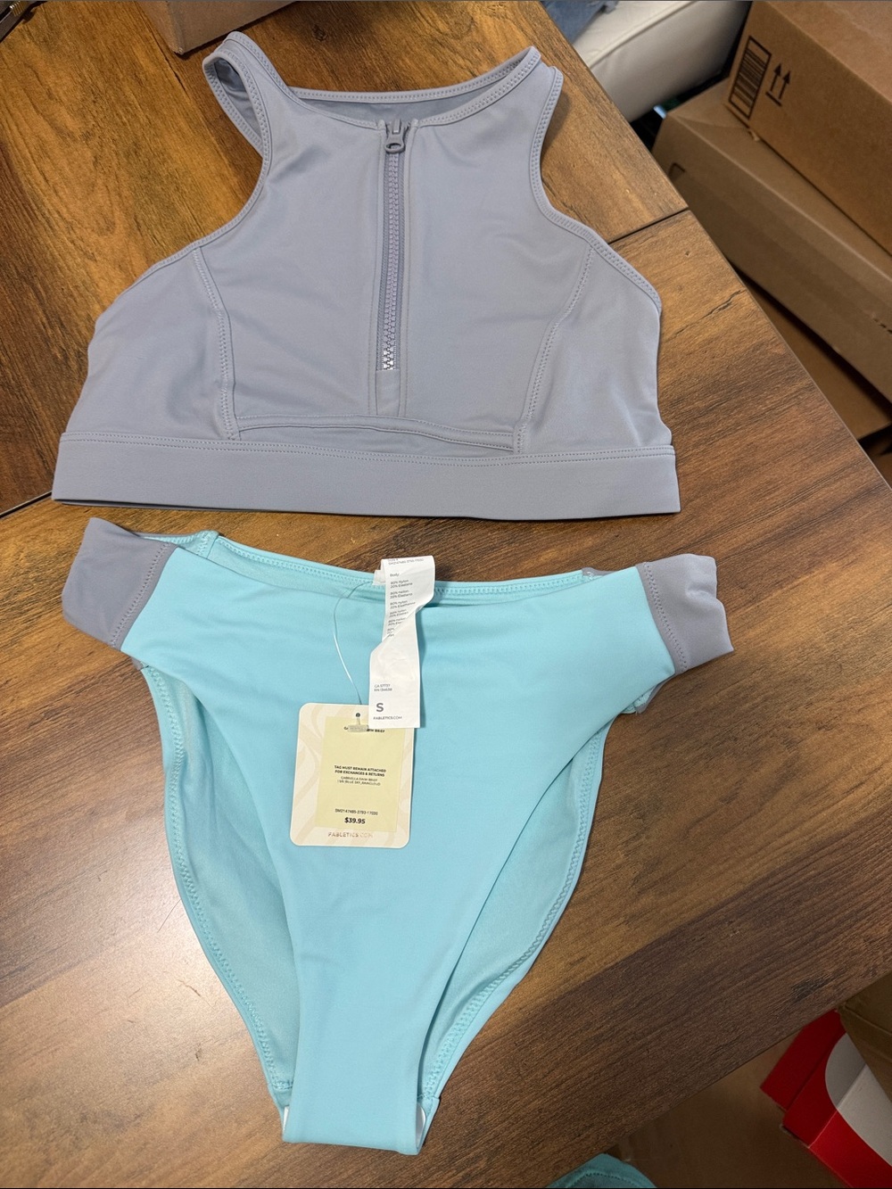 Fabletics Two-Piece Swim Set in Light Blue and Gray
